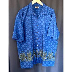 Mens Maluku The Spice Islands Hawaiian S/S Blue Shirt Size XL w/ Tiki Masks